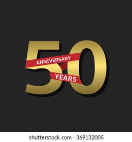 50 years anniversary. Golden label with red ribbon, Vector illustration