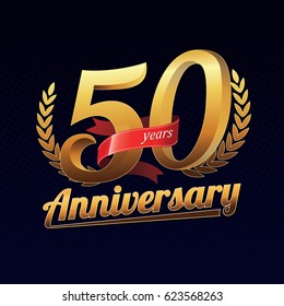 50 Years Anniversary Golden Logo Celebration with Red Ribbon