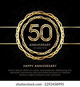50 years anniversary with a golden number, golden glitters, and a golden circle rope on a black background. Circle a gold hexagon with glitter.