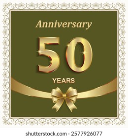 50 years anniversary, greeting card, festive background with golden jubilee numerals and decorative ribbon with bow in patterned frame. Vector illustration