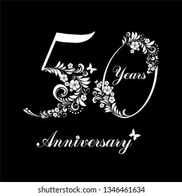 50 years anniversary. Happy birthday card. Celebration black background with number eighty and place for your text.  Fresh spring flowers. Template elements for your birthday party. Vector