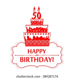 50 years anniversary. Happy birthday card. The birthday cake with candles in the form of number 50 icon. Vector illustration