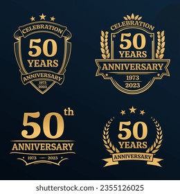 50 years anniversary icon or logo set. Vintage birthday banner design. 50th anniversary jubilee celebration golden badge or label collection. Vector illustration.