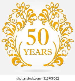 50 years anniversary icon in ornate frame with floral elements. Template for celebration and congratulation design. 50th anniversary golden label. Vector illustration. svg