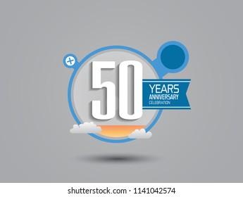 50 years anniversary illustration style with blue circle, orange fluid and cloud for party celebration event