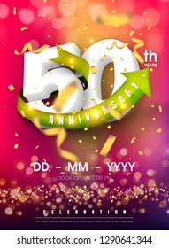 50 years anniversary invitation card - celebration template
design , 50th anniversary modern design elements and confetti, bokeh pink purple background - vector illustration colorful invitation card.