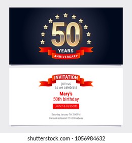 50 years anniversary invitation to celebration vector illustration. Graphic design element with golden number for 50th birthday card, party invite 