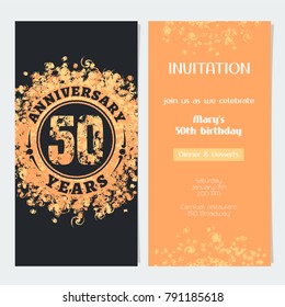 50 years anniversary invitation to celebration event vector illustration. Design element with gold color number and text for 50th birthday card, party invite 