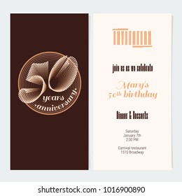 50 years anniversary invitation vector illustration. Graphic design element for 50th birthday card, party invite 