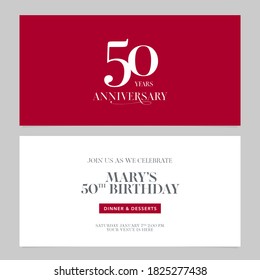 50 Years Anniversary Invitation Vector Illustration. Graphic Design Double-sided Template For 50th Anniversary Party Invite