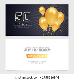 50 years anniversary invitation vector illustration. Design template element with hot air balloons background for 50th marriage, wedding or birthday card, party invite