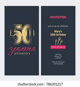 50 years anniversary invitation vector illustration. Graphic design template with golden glitter stamp for 50th anniversary party or dinner invite 