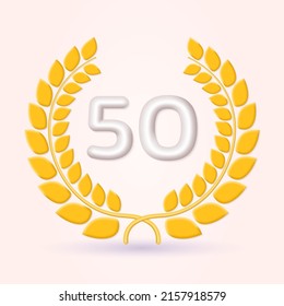 50 years anniversary laurel wreath 3d logo or icon. Jubilee, birthday badge, label design. 20th celebrating emblem. Vector illustration.