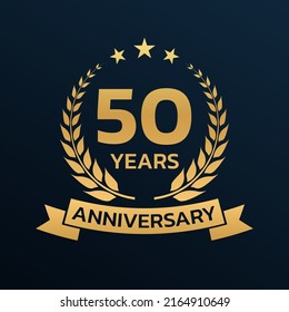 50 years anniversary laurel wreath logo or icon. Jubilee, birthday badge, label or emblem. 50th celebration design element. Vector illustration.
