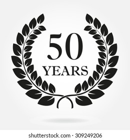 50 years anniversary laurel wreath sign or emblem. Template for celebration and congratulation design. Vector 50th anniversary label isolated on white background.