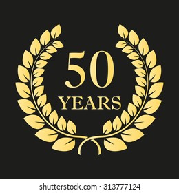 50 years anniversary laurel wreath icon or sign. Template for celebration and congratulation design. 50th anniversary golden label. Vector illustration.