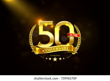 50 Years Anniversary with laurel wreath Golden Ribbon vector illustration