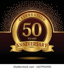 50 years anniversary logo celebration with ring and ribbon, on dark background, vector template.