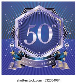 50 years anniversary logo celebration with ring and ribbon. Symbol and template for greeting card