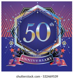 50 years anniversary logo celebration with ring and ribbon. Symbol and template for greeting card