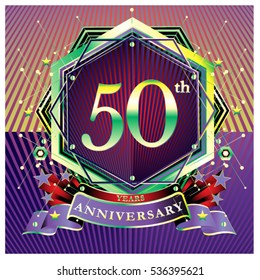50 years anniversary logo celebration with ring and ribbon. Symbol and template for greeting card