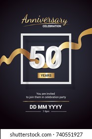 50 Years Anniversary Logo Celebration And Invitation Card With Gold Ribbon Isolated On Dark  Background