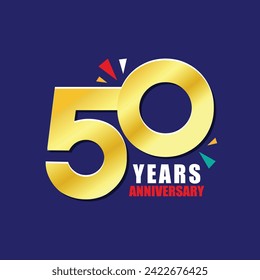 50 years anniversary logo design with celebrating elements on blue background. 50th anniversary badge design. Sign and symbol for celebrating company or business birthday. 50 year Jubilee party