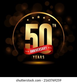 50 years anniversary logo with golden ring and ribbon for booklet, leaflet, magazine, brochure poster, banner, web, invitation or greeting card. Vector illustrations.