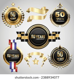 50 years anniversary logo with golden ribbon. Set of Vintage Anniversary Badges Celebration