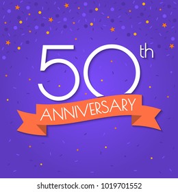 50 years anniversary logo isolated on confetti background. 50th anniversary banner with ribbon. Birthday, celebration, party, invitation card design element. Vector illustration.