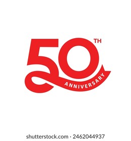 50 years anniversary logo in modern minimal concept. 50th anniversary template, icon, stamp, label with ribbon. Company or person Birthday celebration greeting card sign and symbol.