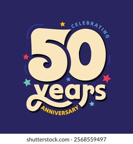 50 years anniversary logo with modern typography and colorful stars elements vector illustration. 50 years birthday, marriage ceremony or company 50th jubilee celebration banner, poster, template.