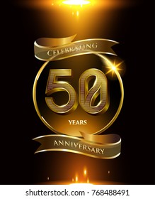 50 years anniversary logo with shiny ribbon and golden ring isolated on black background