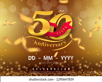 50 years anniversary logo template on gold background. 50th celebrating golden numbers with red ribbon vector and confetti isolated design elements