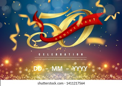 50 years anniversary logo template on gold and blue background. 50th celebrating golden numbers with red ribbon vector and confetti isolated design elements