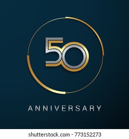 50 Years Anniversary Logotype with  Gold and Silver Multi Linear Number in a Golden Circle , Isolated on Dark Background