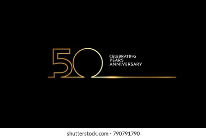 50 Years Anniversary logotype with golden colored font numbers made of one connected line, isolated on black background for company celebration event, birthday