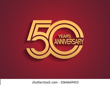 50 years anniversary logotype with linked multiple line golden color isolated on red background for celebration event