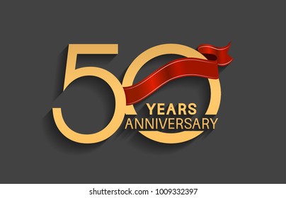 50 years anniversary logotype with red ribbon and golden color for celebration event