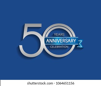 50 years anniversary logotype with  simple silver color and blue ribbon isolated on blue background for celebration event