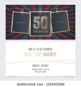 50 Years Anniversary Party Invitation Vector Template. Illustration With Photo Frames For 50th Birthday Card, Invite 