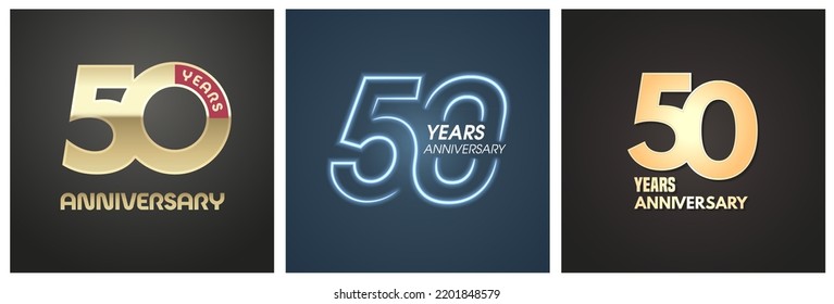 50 Years Anniversary Set Of Vector Icons, Logos. Graphic Background Or Card With Golden Signs For 50th Anniversary Birthday Celebration