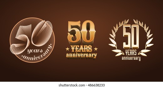 50 Years Anniversary Set Of Vector Logo, Icon, Number. 50th Birthday, Marriage Or Graduation Anniversary, Jubilee Decoration Design Elements, Signs, Emblem, Symbol, Badge In Gold