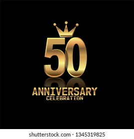 50 years anniversary simple design with golden font and crown with reflection golden number. Elegant, simple, and luxury design. Design with shadow or reflection under number