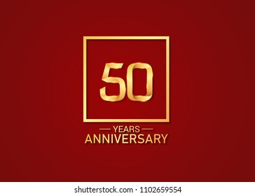 50 years anniversary with square golden colored, isolated on red background