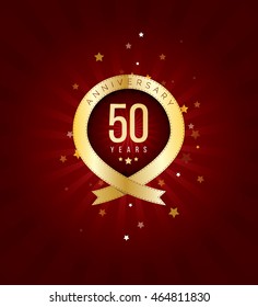 50 Years Anniversary Template Design with Golden Ribbon in Abstract Dark Red Background with Stars