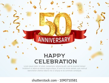 50 years anniversary vector banner template. Fifty year jubilee with red ribbon and confetti on white background