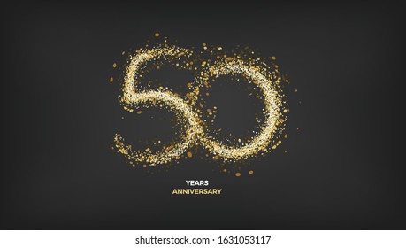 50 years anniversary vector design. Black golden background with gold sparkler light festive decoration, web, gift card or print banner layout template