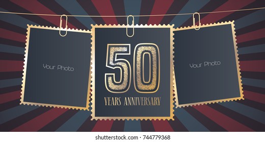 50 years anniversary vector emblem, logo. Template design element, greeting card with collage of empty photo frames on festive background for 50th anniversary