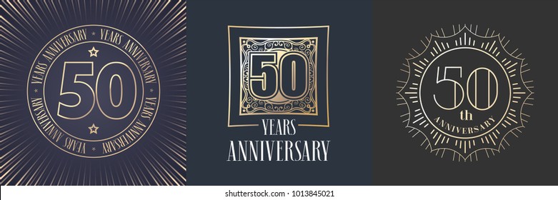 50 years anniversary vector icon,  logo set. Graphic round gold color design elements for 50th anniversary banner 